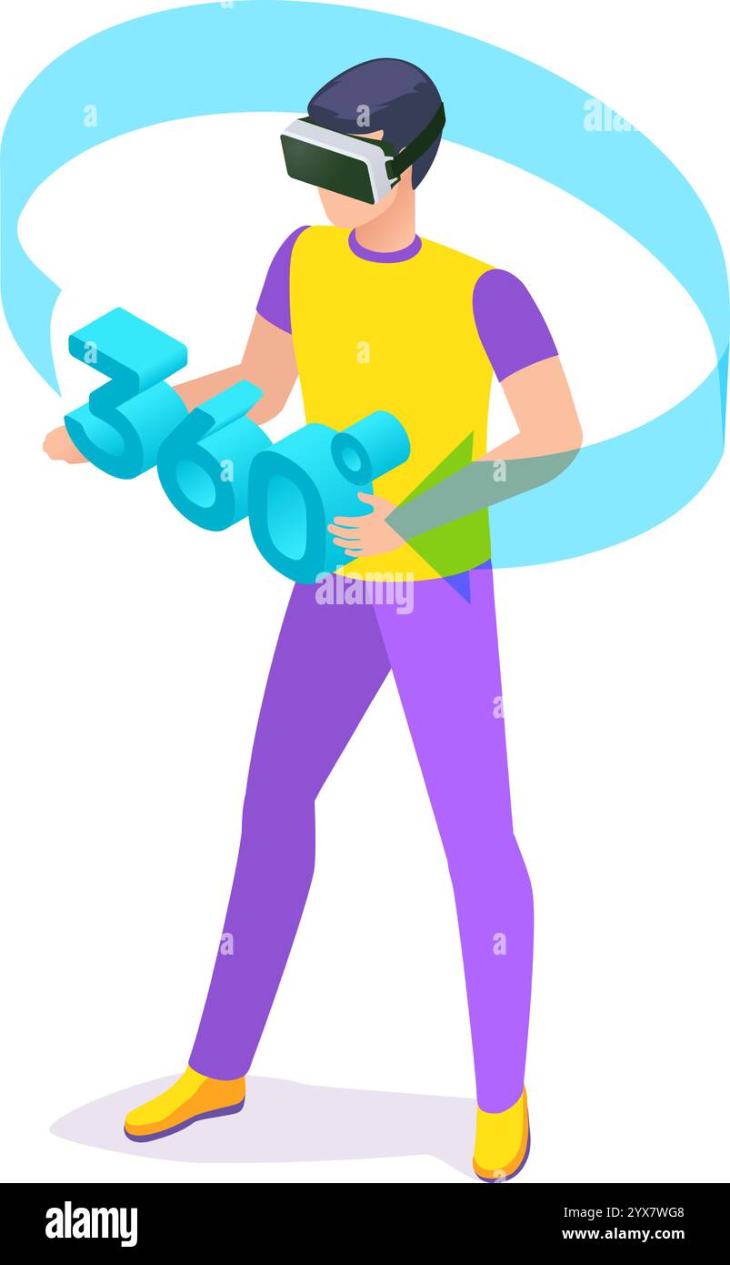 Software developer experiencing three hundred and sixty degree vision using virtual reality headset, exploring augmented reality, metaverse and Stock Vector