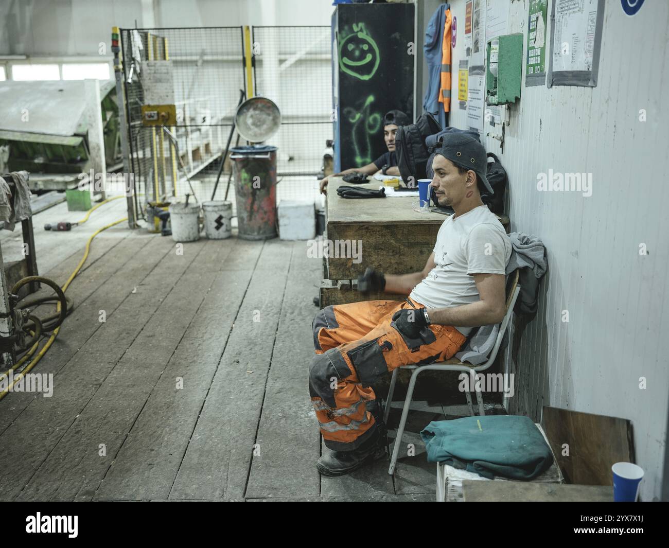 Workers during a break in the production of segments for the Brenner Base Tunnel, Zenzendorf, Tyrol, Austria, Europe Stock Photo