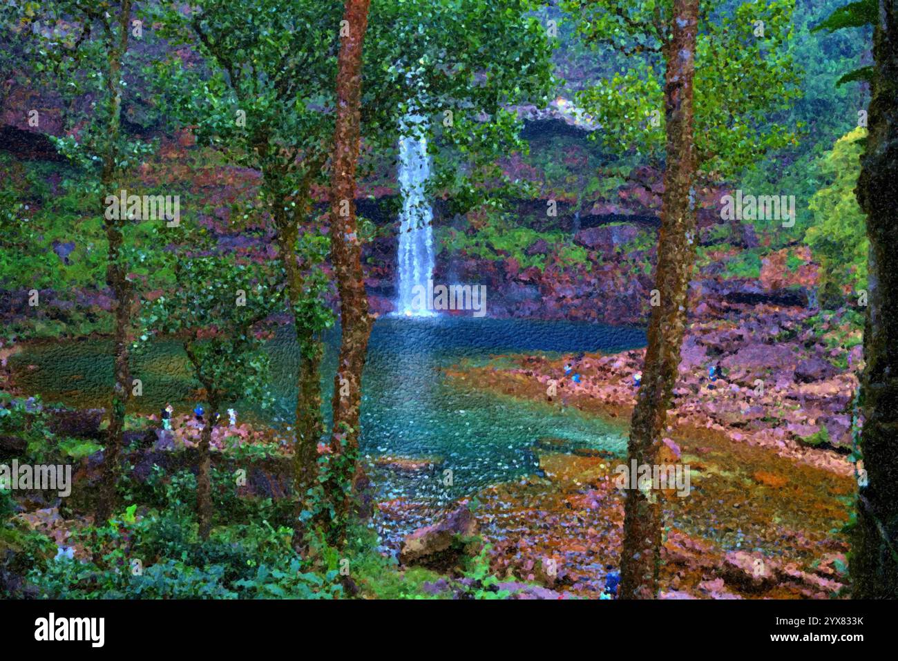 Digital painting of clean phe phe waterfall in middle of rainforest jungle in Meghalaya, India. Its great unspoiled tourist attraction in India. Stock Photo