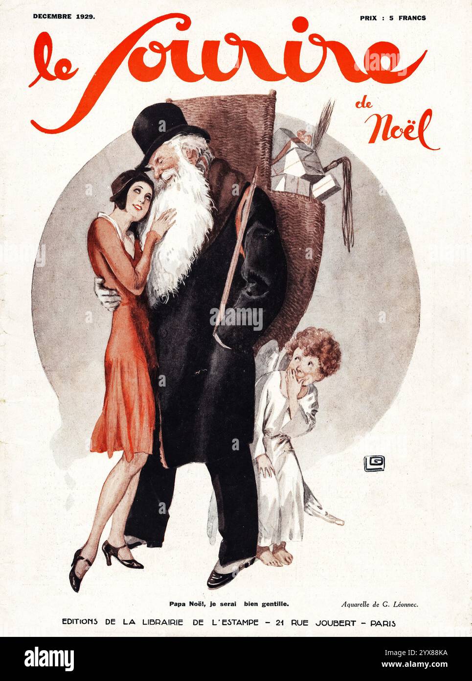 1929 “Le Sourire de Noël” French magazine Christmas cover with “Papa Noël je serai bien gentille” artwork by Georges Leonnec Stock Photo