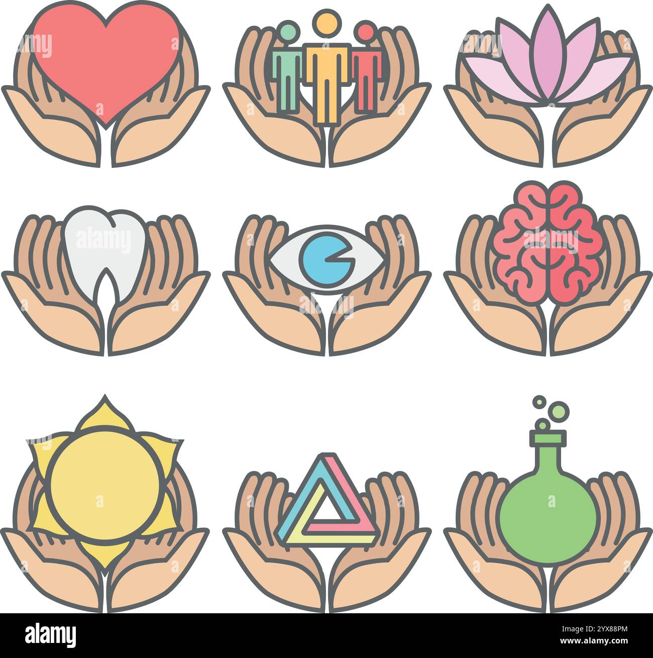 Set of nurturing vector icons with hands holding various symbols ...
