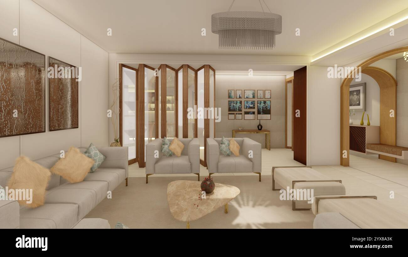 View of Minimalist Living Room Featuring Gold Accents and Stylish Furniture ...