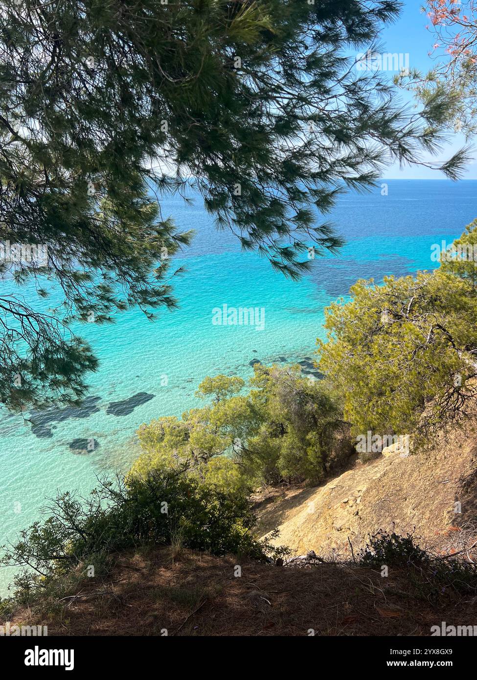 blue lagoons and landscape of the north greece - Smartphone Captured Stock Image