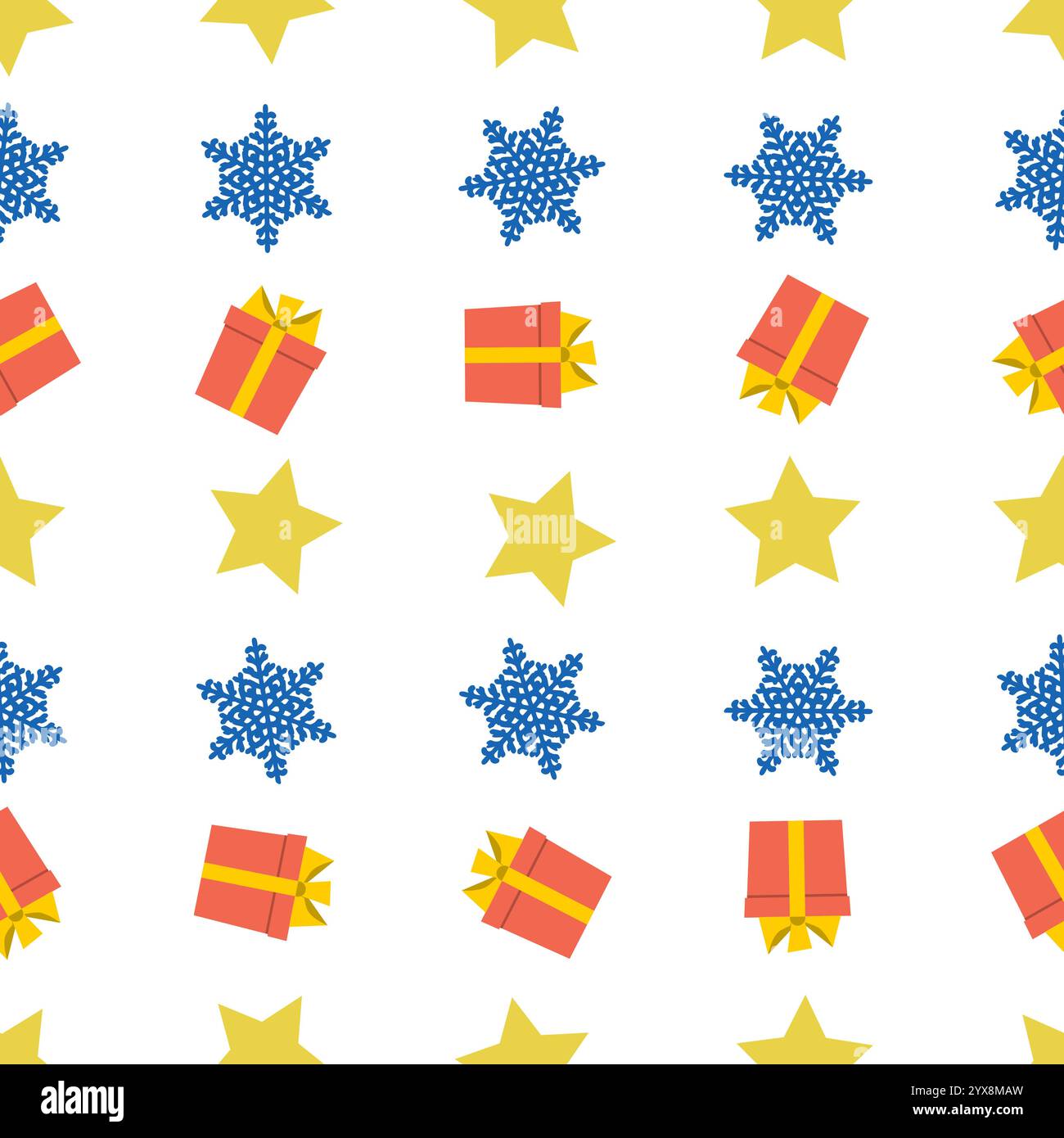 Christmas semless pattern with snowflake, star and gift box on white background. Vector illustration Stock Vector