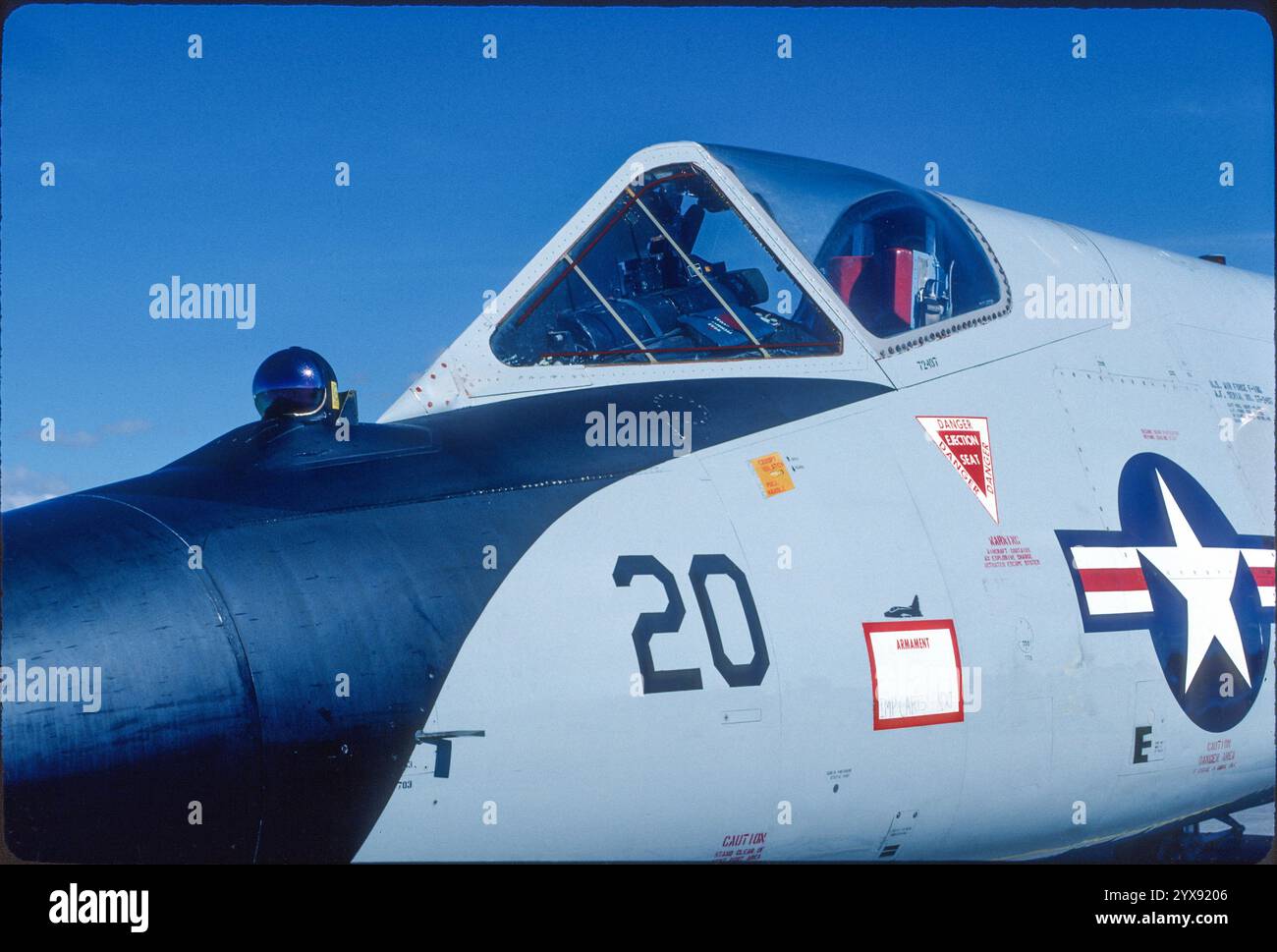 IR seeker head (Infrared Search and Track System) extended in front of windscreen on Montana ANG F-106A. F-100 silhouette above weapons placard area indicates this aircraft shot down a QF-100 during a Combat Archer Weapons System Evaluation Program deployment to Tyndall AFB, FL. Yearly qualification of the AIR-2A system (ATR-2A no warhead rockets used) was required of all F-106s. During the deployments the AIM-4 systems also could be tested. Stock Photo