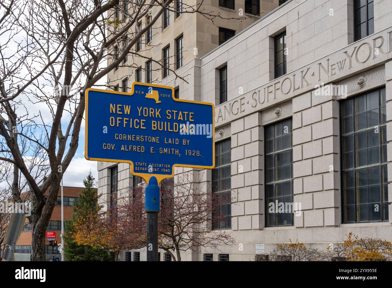 A historical metal Marker with Inscription “New York State Office ...