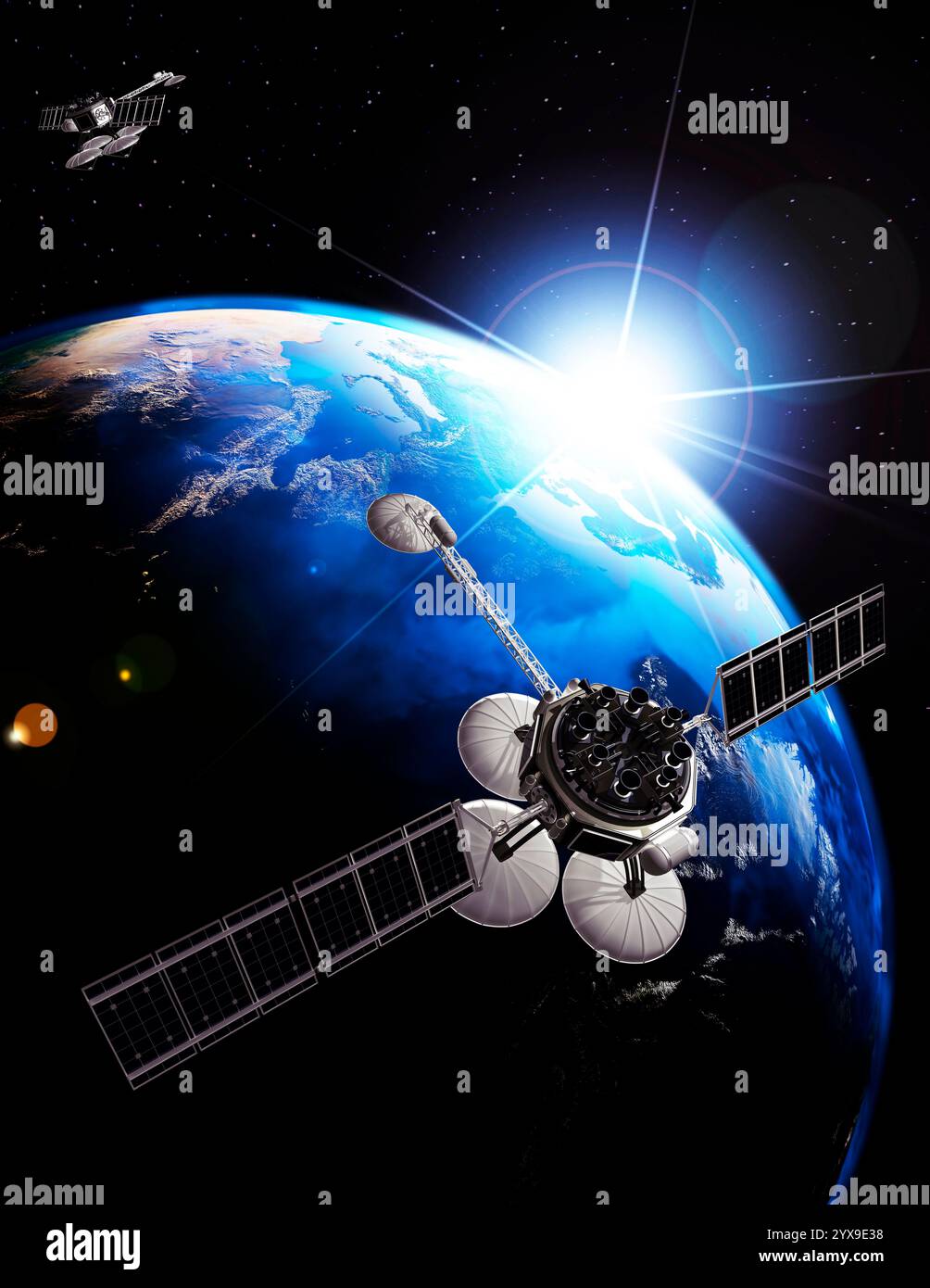 Communication satellites above Earth lit by the rising Sun. Space internet and telecommunications concept. Photorealistic 3D illustration. Stock Photo