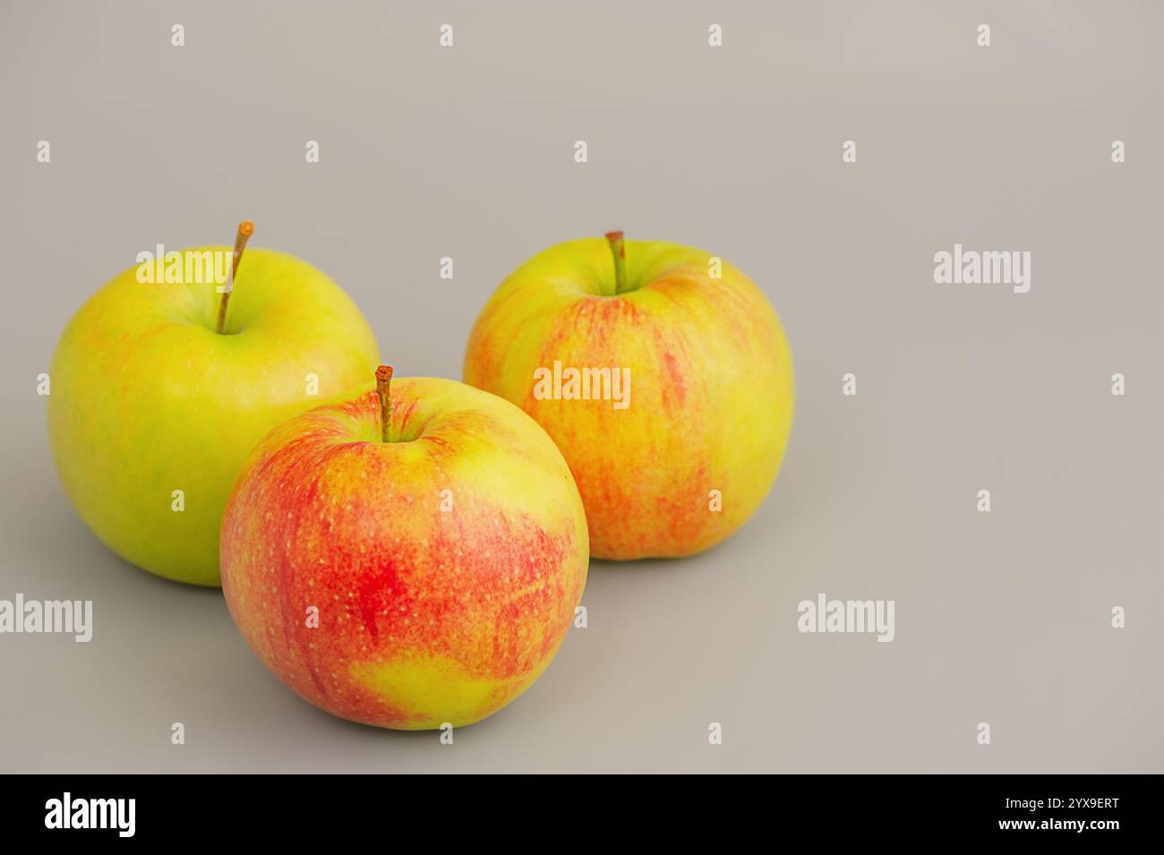 Three apples on a gray background Stock Photo