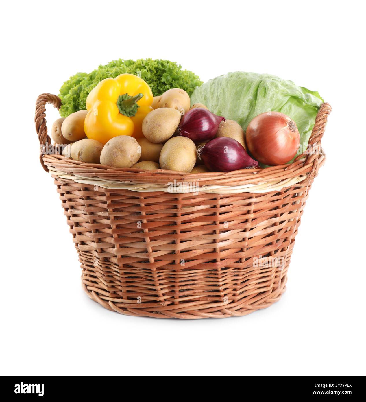 Different ripe vegetables in wicker basket isolated on white Stock ...