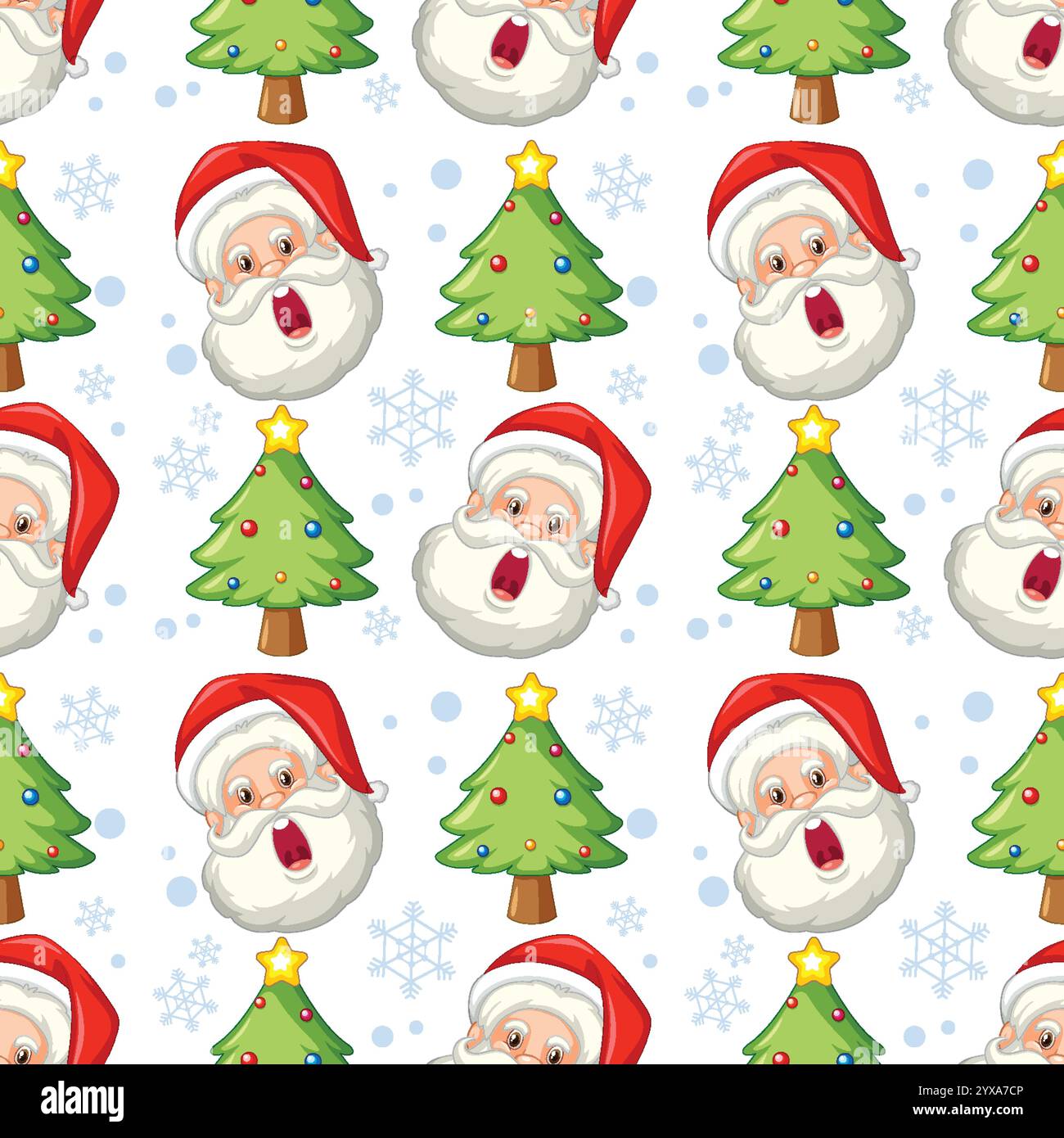 Santa faces and decorated Christmas trees pattern Stock Vector