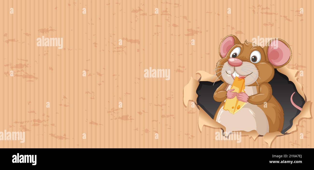 A cute mouse holding cheese in a hole Stock Vector