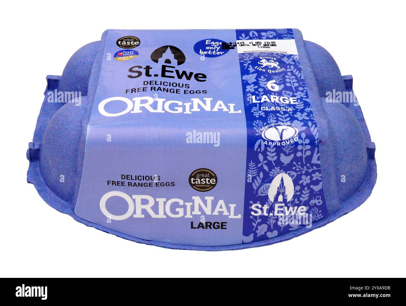 St Ewe original free range eggs in a box containing six class A large eggs Stock Photo