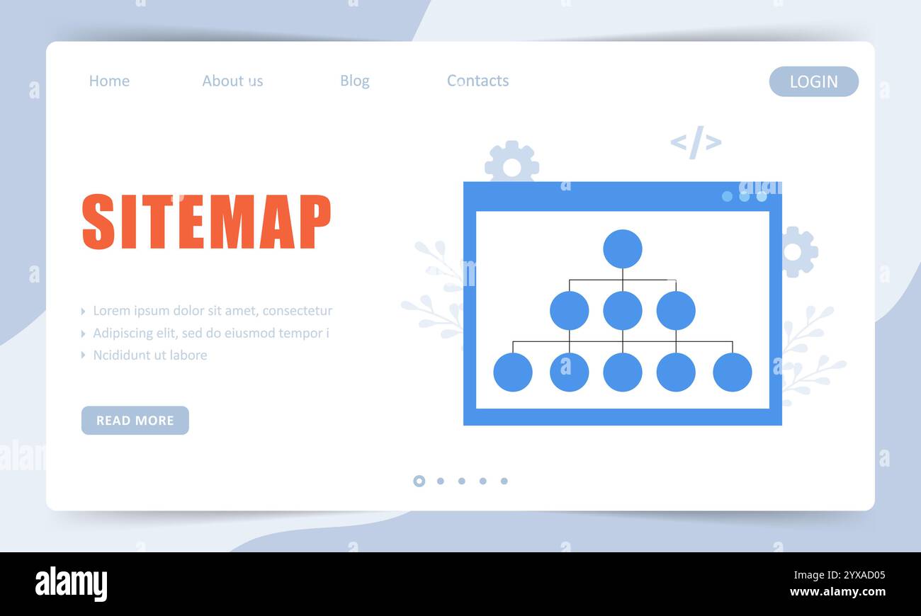 Sitemap Creation process. Landing page template. SEO optimization. Organization site architecture. Vector illustration Stock Vector