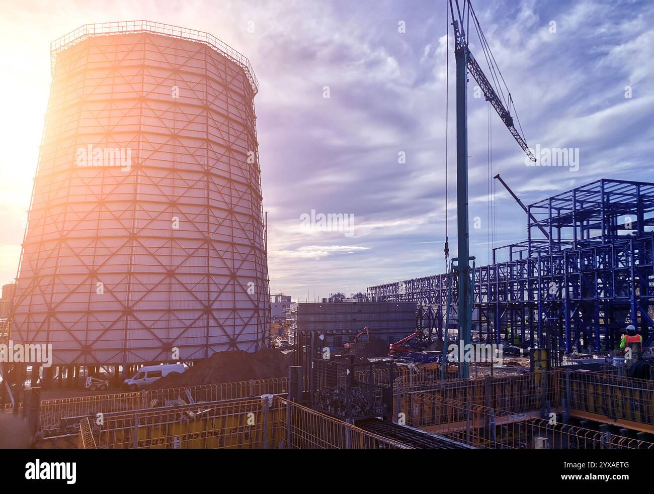 Steel structure is under construction on the construction site against ...
