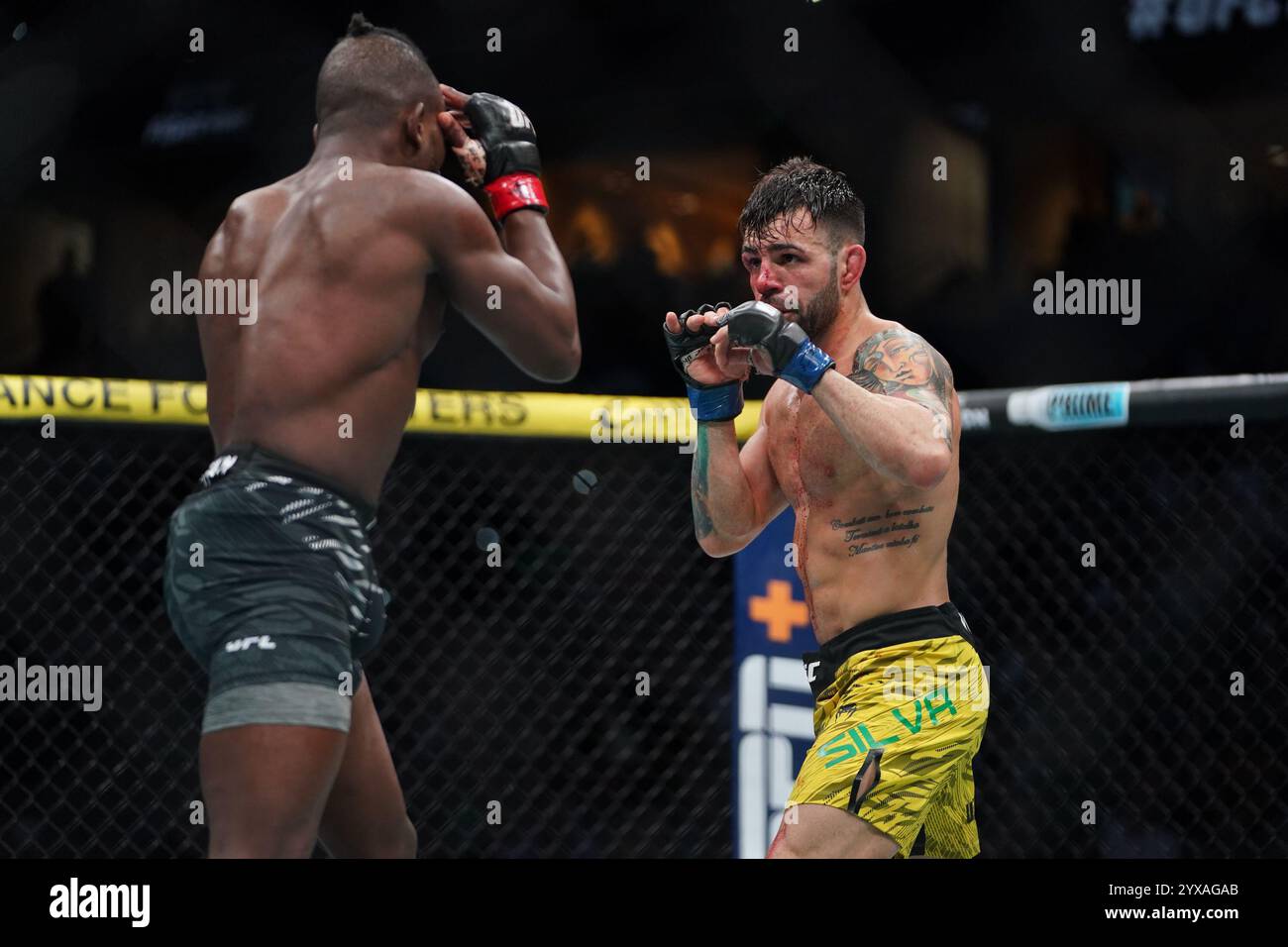 Tampa, Florida, United States. 15th Dec, 2024. TAMPA, FL -DECEMBER 15:Manel Kape and Bruno Silva meet in the octagon for a 3-round flyweight bout during UFC Fight Night - Covington vs Buckley at Amalie Arena on December 15, 2024 in Tampa, Florida (Photo by Jordan Herald/PxImages) Credit: Px Images/Alamy Live News Stock Photo