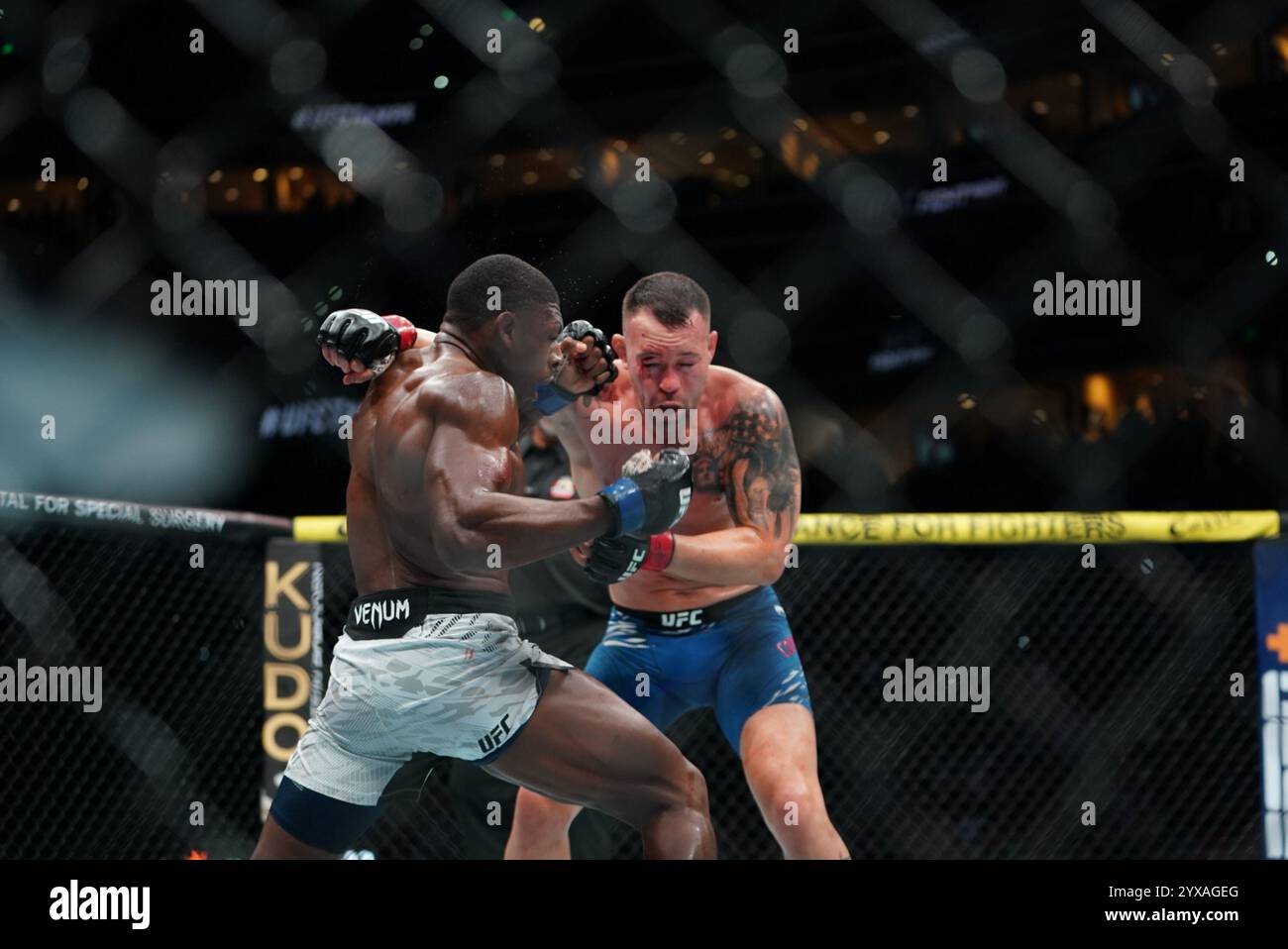 Tampa, Florida, United States. 15th Dec, 2024. TAMPA, FL -DECEMBER 15:Colby Covington and Joaquin Buckley meet in the octagon for a 5-round welterweight bout during UFC Fight Night - Covington vs Buckley at Amalie Arena on December 15, 2024 in Tampa, Florida (Photo by Jordan Herald/PxImages) Credit: Px Images/Alamy Live News Stock Photo