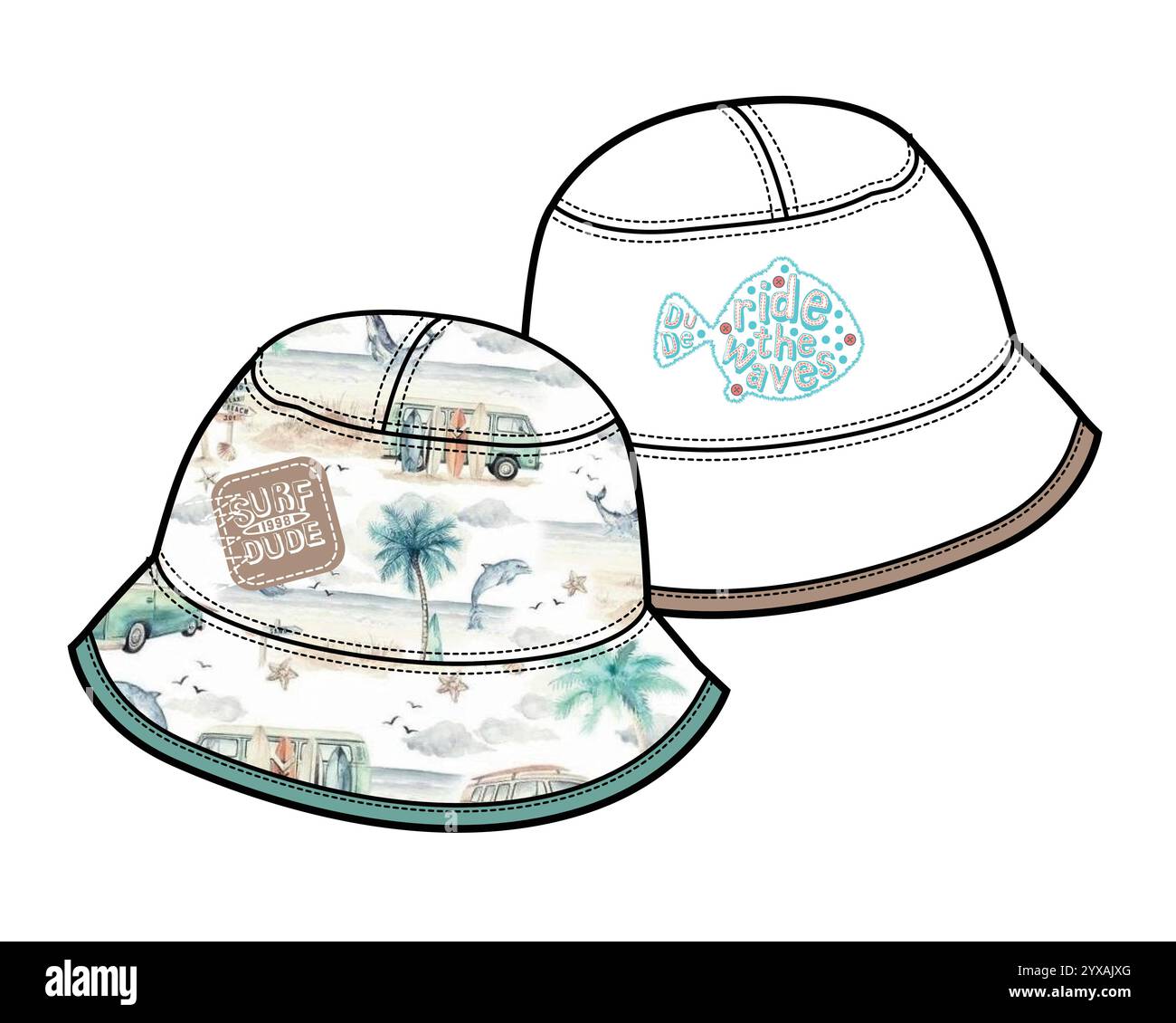 Sun hats design technical flat sketch vector mockup template Stock ...