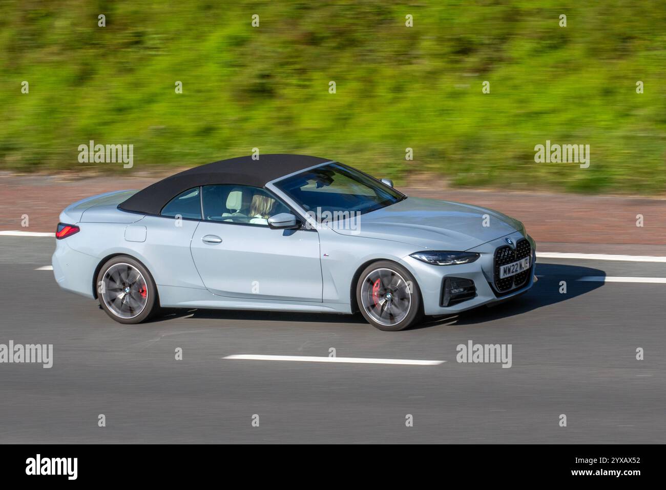 2022 Grey BMW 420D M Sport Mhev Auto coupe, 2.0 2-door (ULEZ), Diesel Hybrid Auto xDrive Euro 6; travelling on the M6 motorway UK Stock Photo