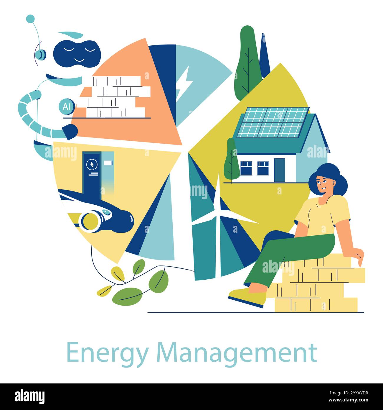 Electrification concept. Home powered by renewable energy with solar panels and wind turbine. Integration of AI, electric vehicle in smart energy systems. Vector illustration. Stock Vector