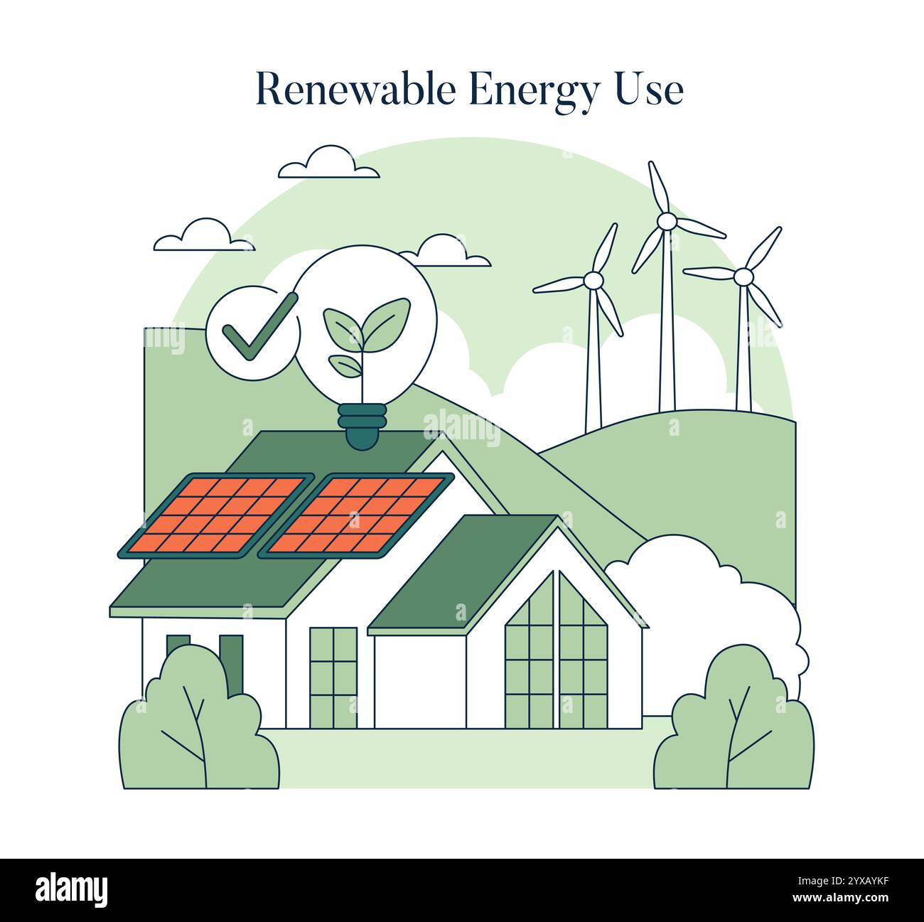 Renewable Energy Use concept. Eco-friendly home utilizing solar panels ...