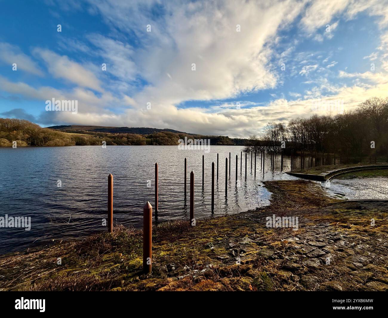 Filtration 'needles' at overflow for Rivington reservoir looking towards Rivington Pike. Near Chorley in Lancashire - Smartphone Captured Stock Image