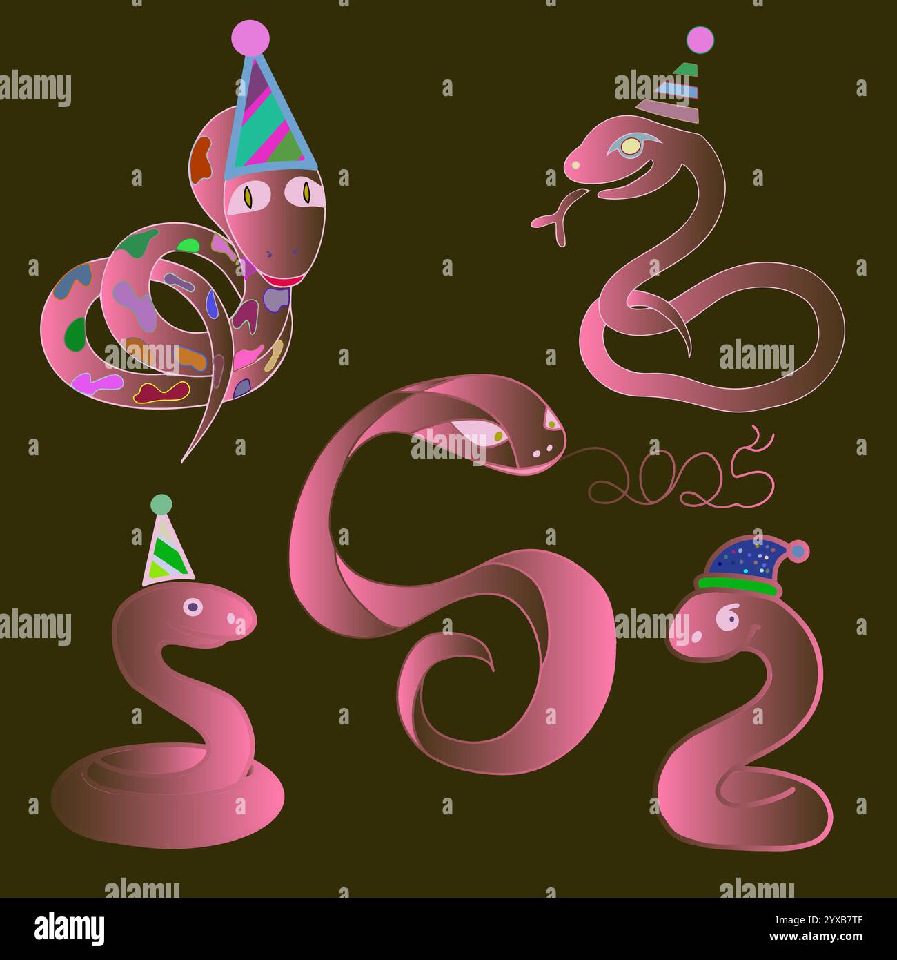 Festive neon snakes set on black background, vector illustration Stock Vector