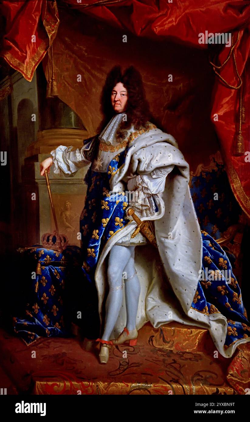 Louis XIV, The Sun King (Le Roi Soleil 1638-1715), 1702, by Workshop   Hyacinthe Rigaud (1659-1743)  French, France Fine Art Museum, ( Grand royal costume )by Hyacinthe Rigaud (1659-1743)  French, France, Fine Art Museum, Hyacinthe Rigaud, Perpignan. Museum, Stock Photo