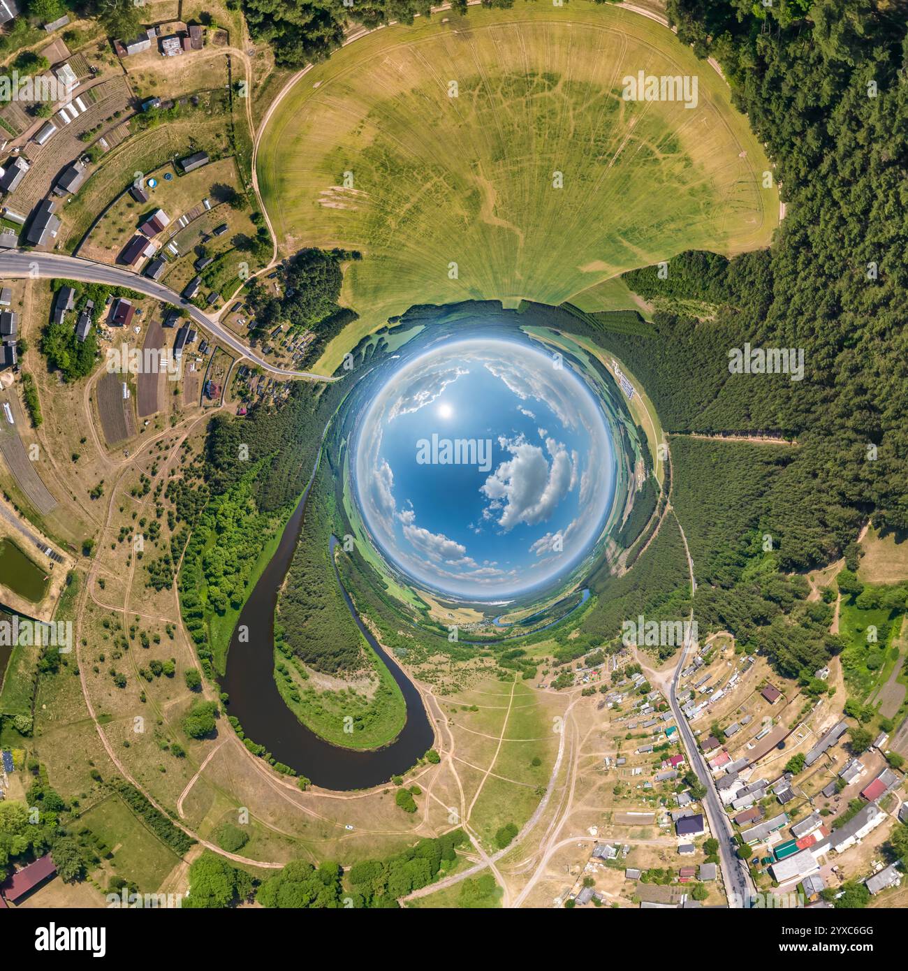 blue sphere inside overlooking old town, urban development, historic ...