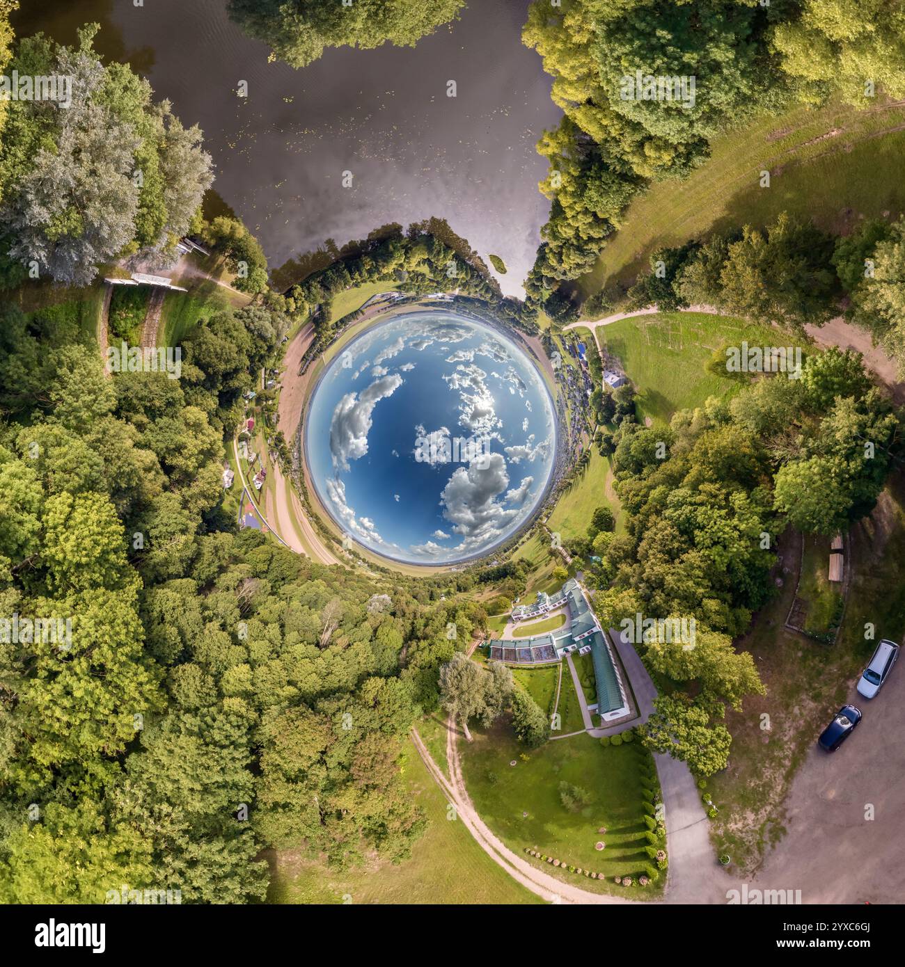 blue sphere inside overlooking old town, urban development, historic ...
