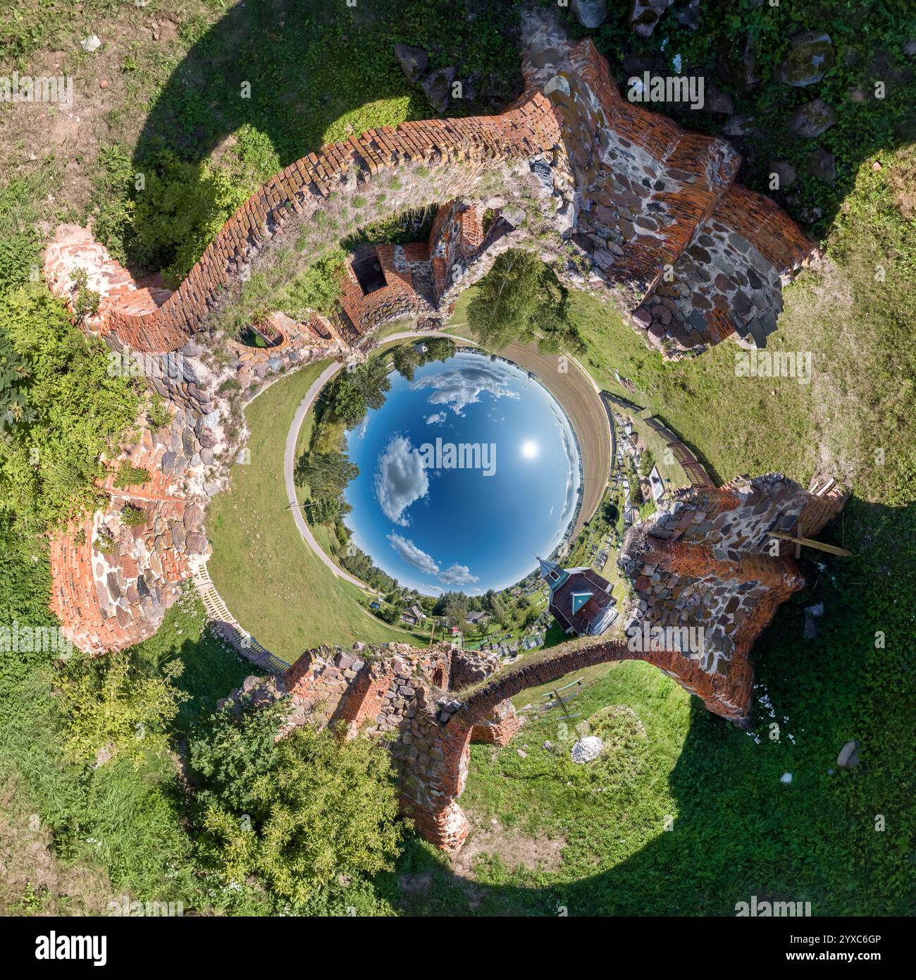 blue sphere inside overlooking old town, urban development, historic ...