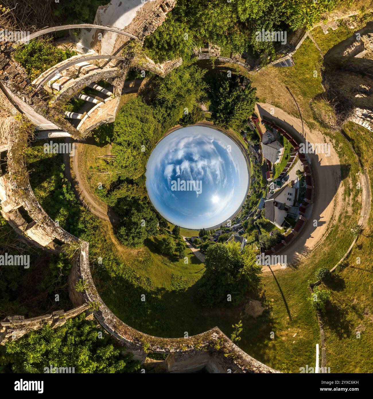 blue sphere inside overlooking old town, urban development, historic ...