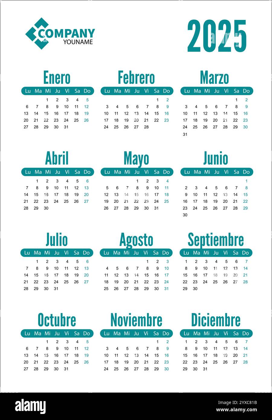 Vertical simple pocket calendar on 2025 year, spanish Stock Vector ...
