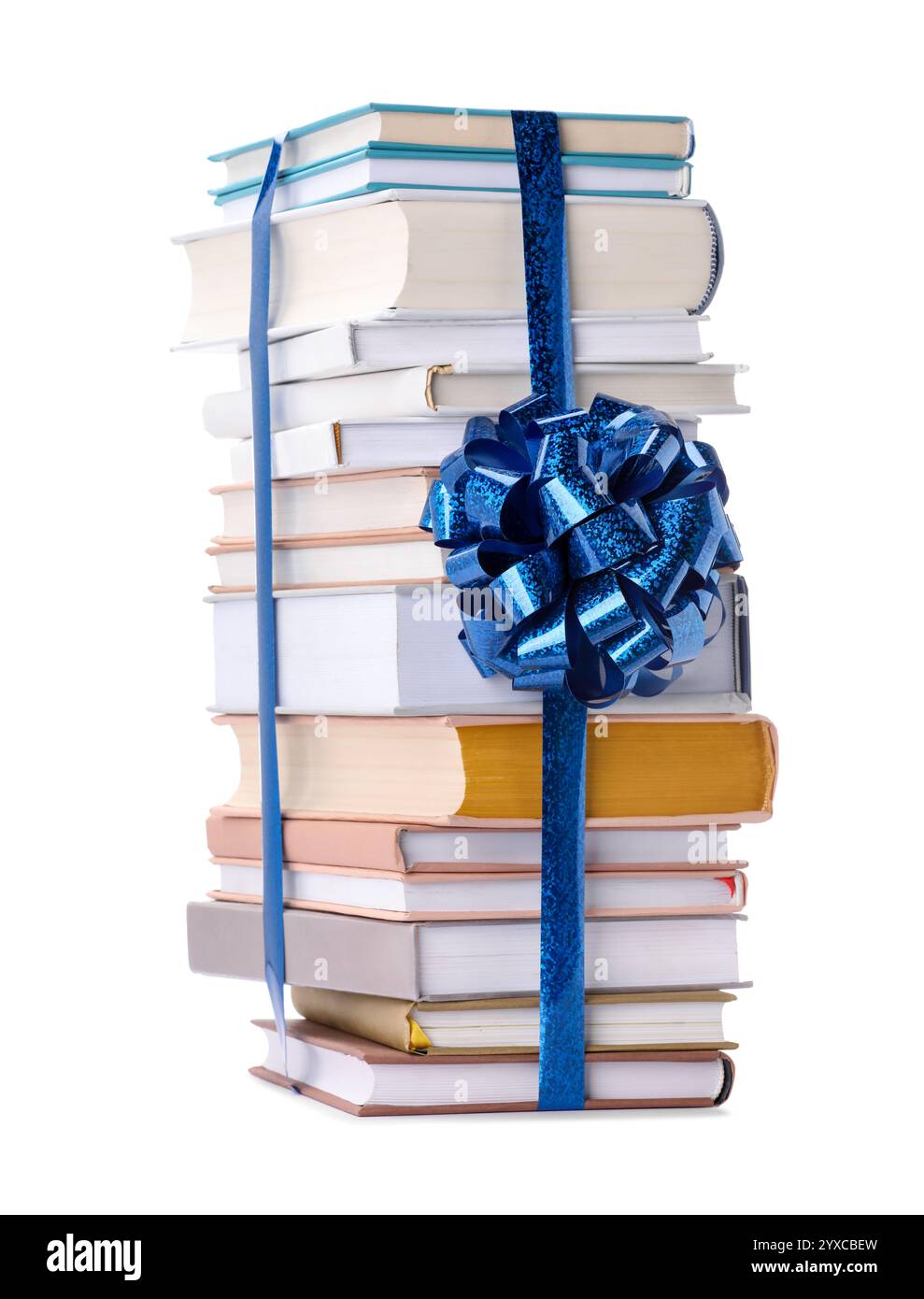 Stack of books with blue bow as gift isolated on white Stock Photo - Alamy