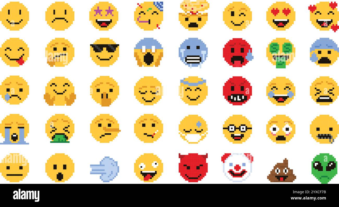 Pixel art emoji. Pixelated emoticon face with different facial ...