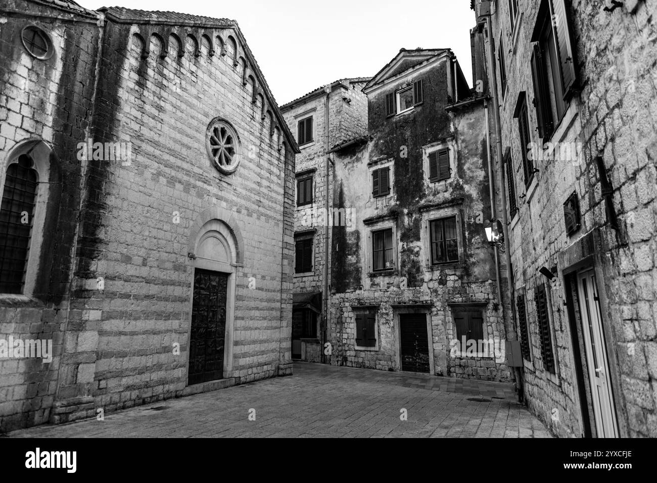 Traditional architecture and street view in old town Kotor, historically known as Cattaro, a coastal town in Montenegro. Stock Photo