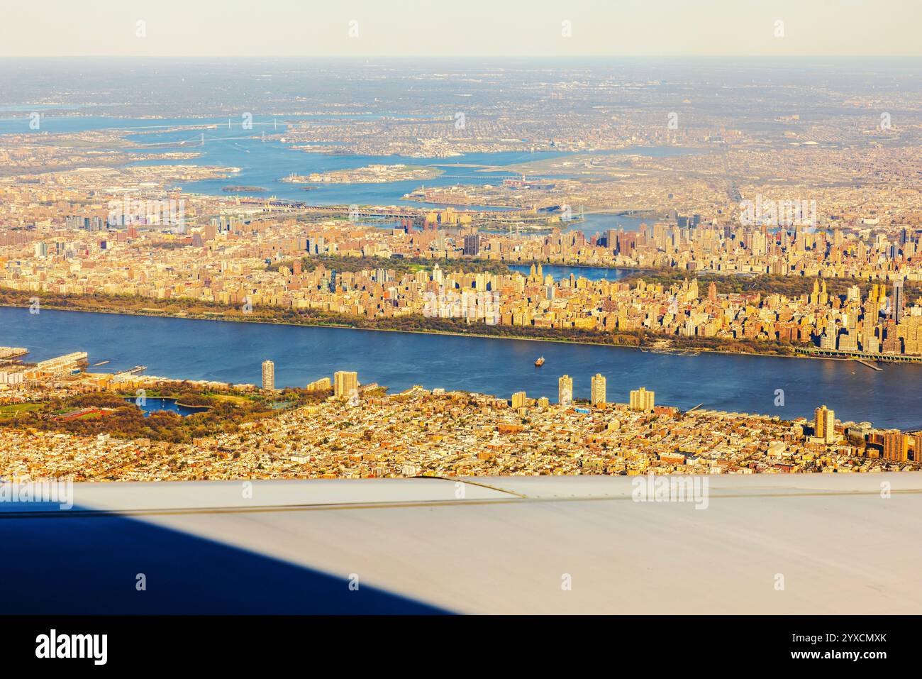 Aerial view of New York City with Hudson River and Manhattan skyline ...