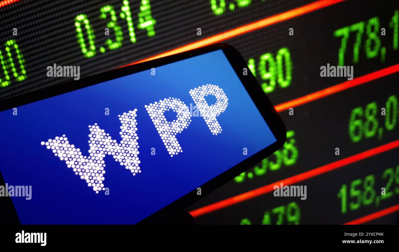 Konskie, Poland - December 14, 2024: WPP plc company logo displayed on mobile phone Stock Photo