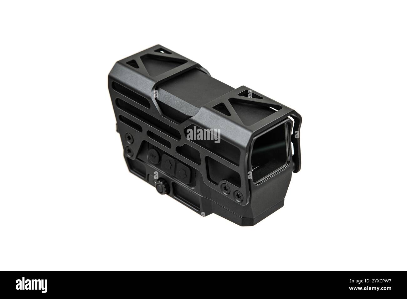 A tactical holographic sight with a rugged, black metal frame ...