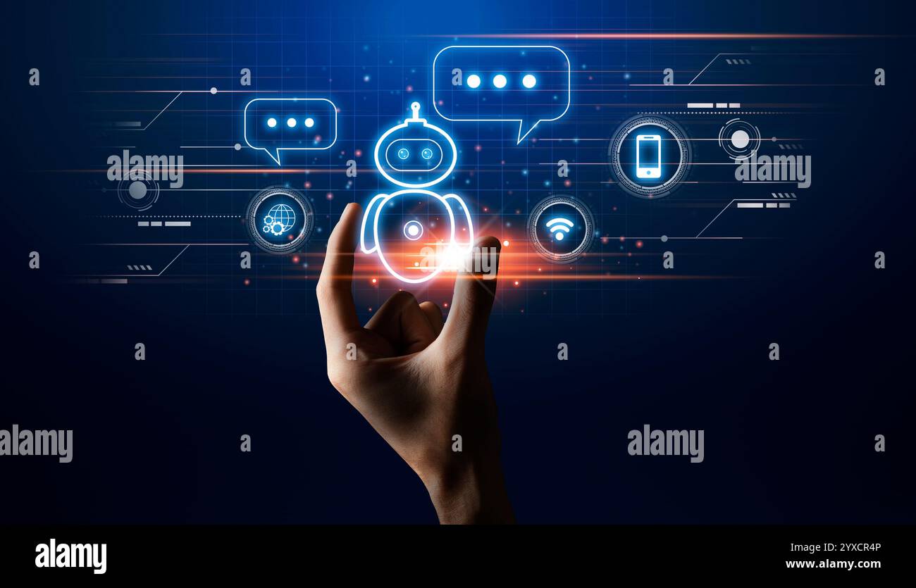 Virtual Assistant. Hand touching chatbot robot icon on digital screen, creative design Stock Photo
