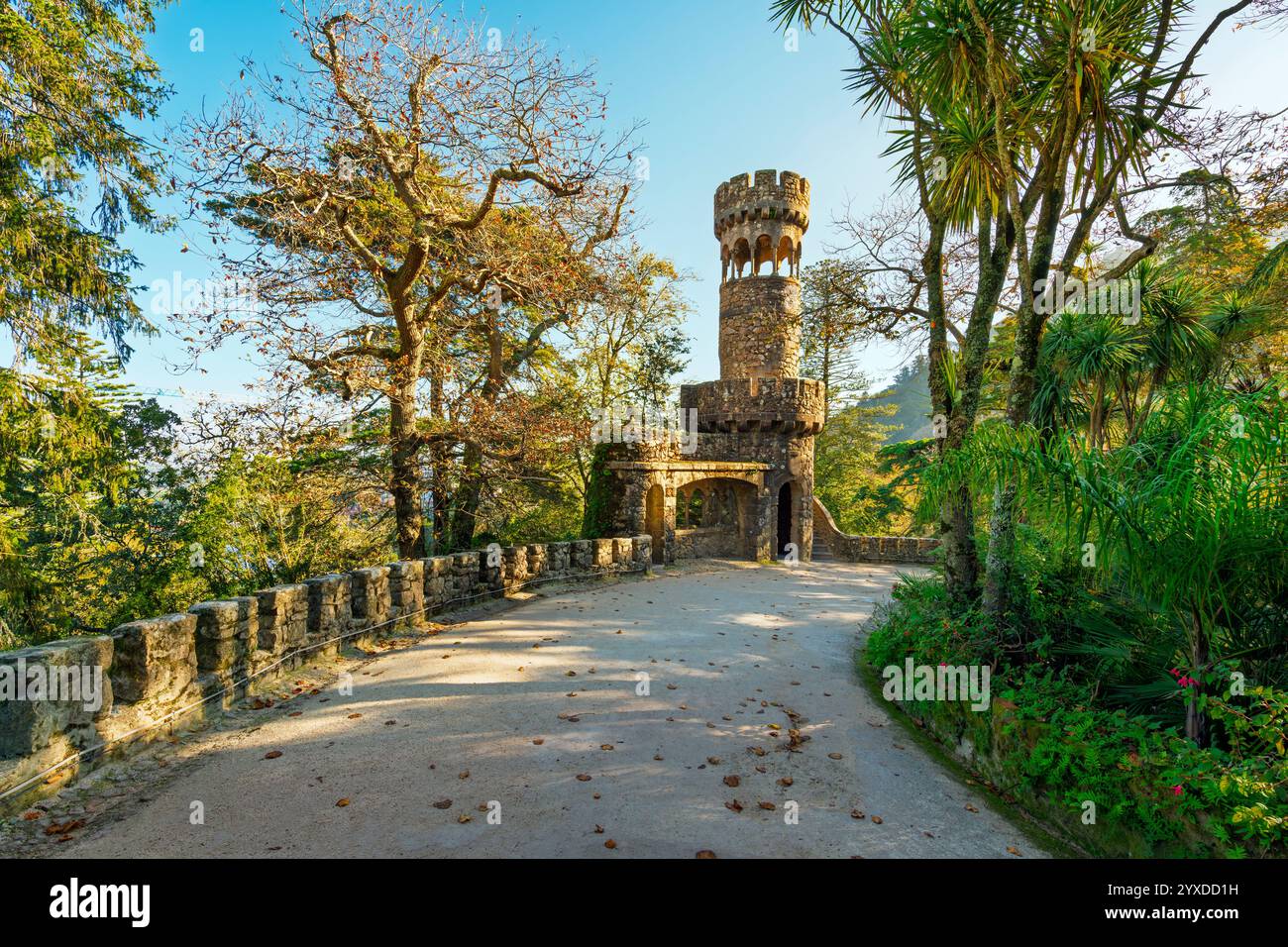 A small tower at the 16th century Renaissance style Quinta da Regaleira manor palace and grounds at Sintra, Portugal. Stock Photo