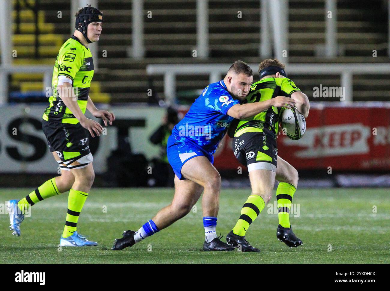 Kingston Park, Newcastle on Sunday 15th December 2024. Falcons' OLlie Fletcher makes a tackle during the European Rugby Challenge Cup match between Newcastle Falcons and Newport Gwent Dragons at Kingston Park, Newcastle on Sunday 15th December 2024. (Photo: Paul Jackson | MI News) Credit: MI News & Sport /Alamy Live News Stock Photo