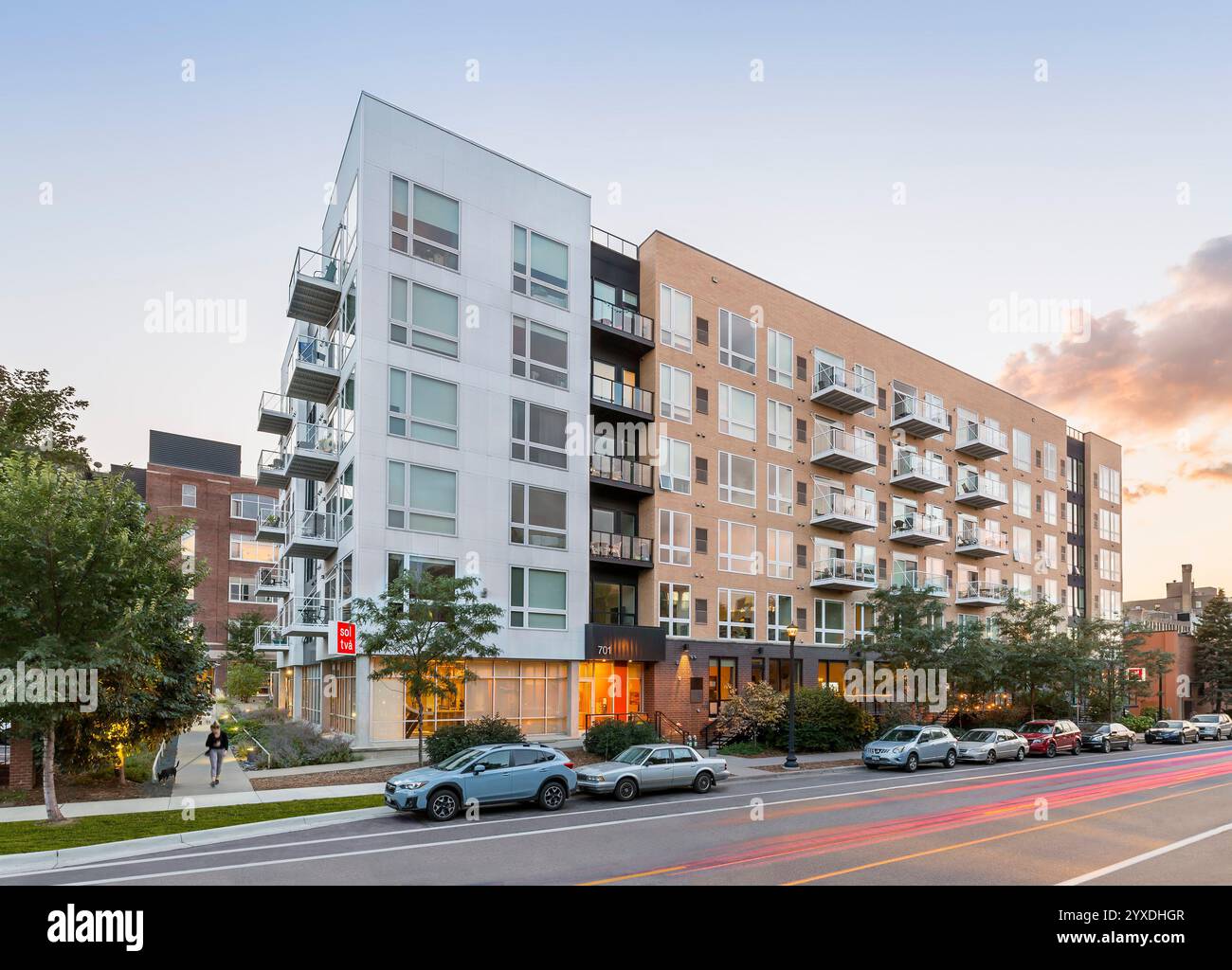 Front exterior of new brick and steel apartment building Stock Photo ... - Steel And Brick Apartment