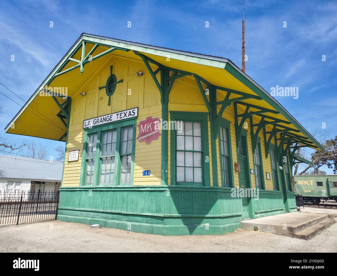 The historic green and yellow MKT train depot in La Grange, Texas Stock ...