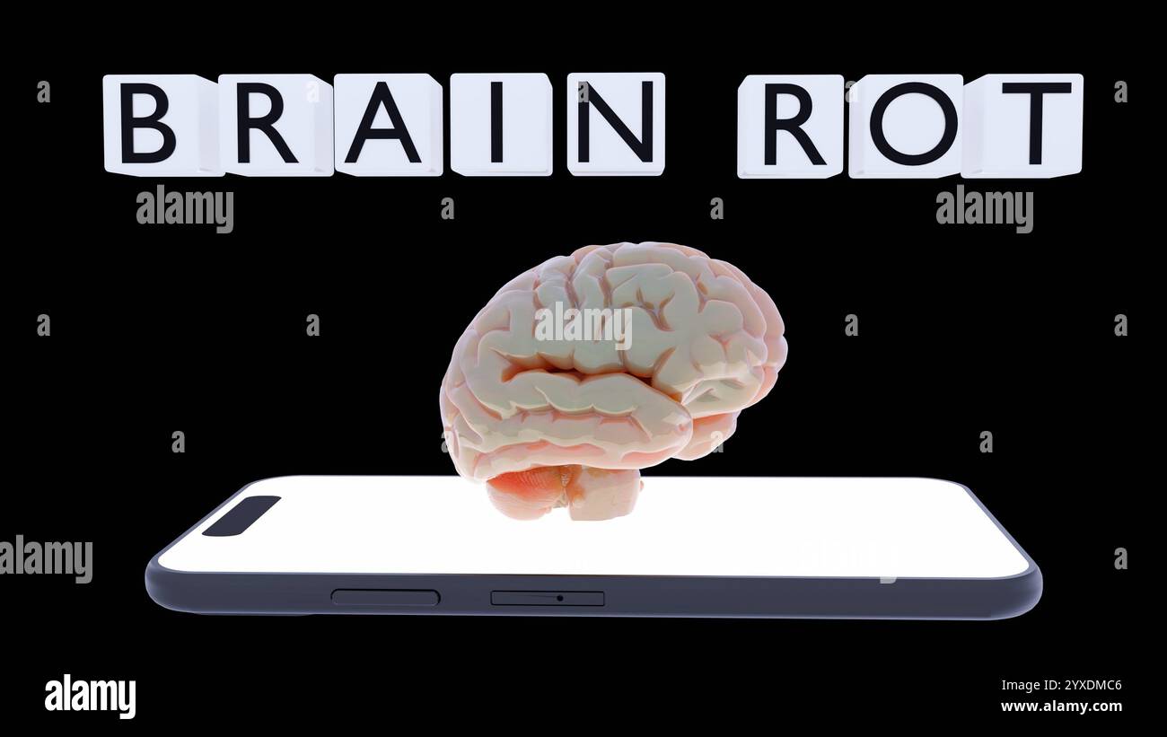3d rendering of A smartphone, human brain and words 