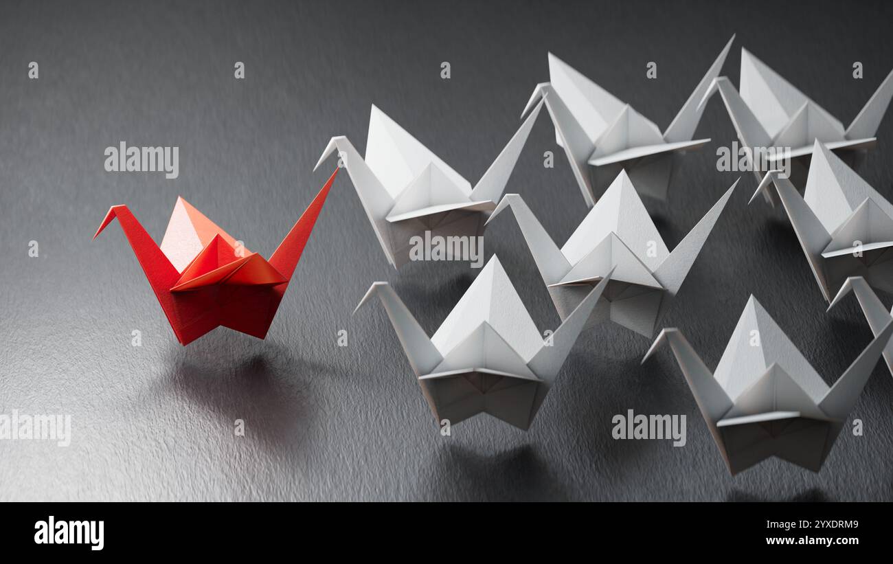 Different business concept.new ideas. paper art style. creative idea.leader swan concept, black leader swan leading white swans.3D rendering on black Stock Photo