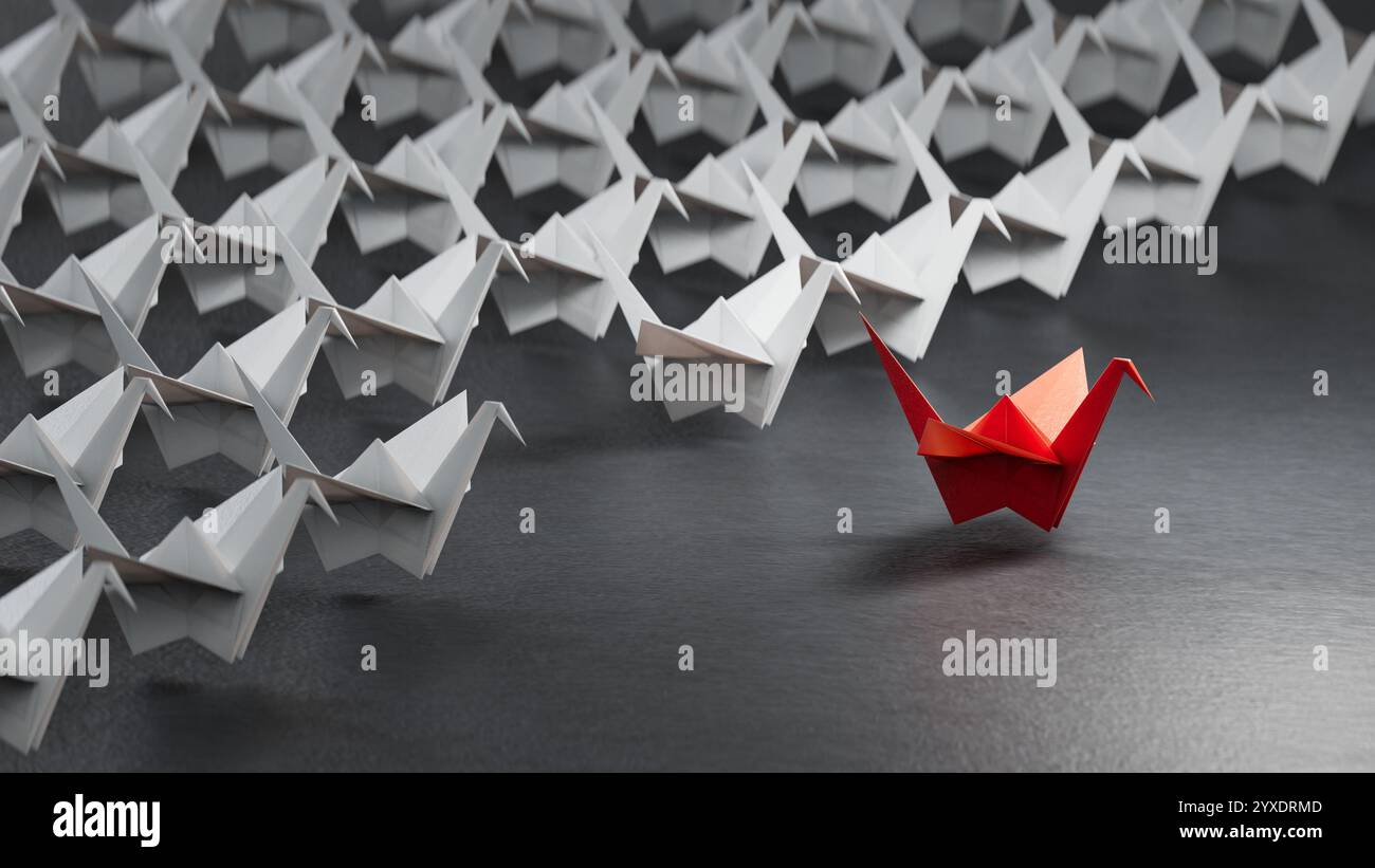 Different business concept.new ideas. paper art style. creative idea.red leader swan, standing out from the crowd of white swans.3D rendering on black Stock Photo