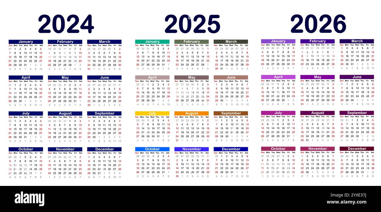 Full year calendar for 2024,2025,2026 with month view. Perfect for