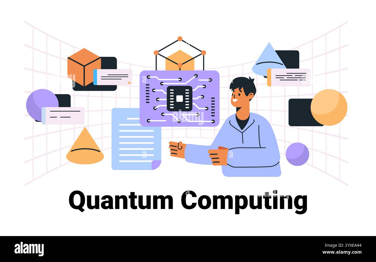 Quantum computing concept with person interacting with digital elements