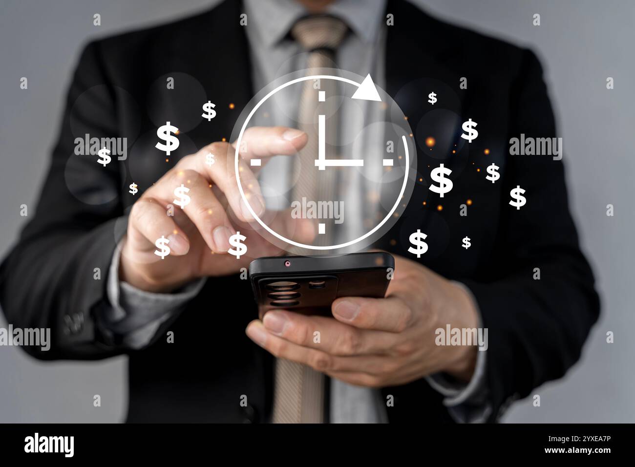 Time is money Concept. Businessman with clock icon and money sign on ...