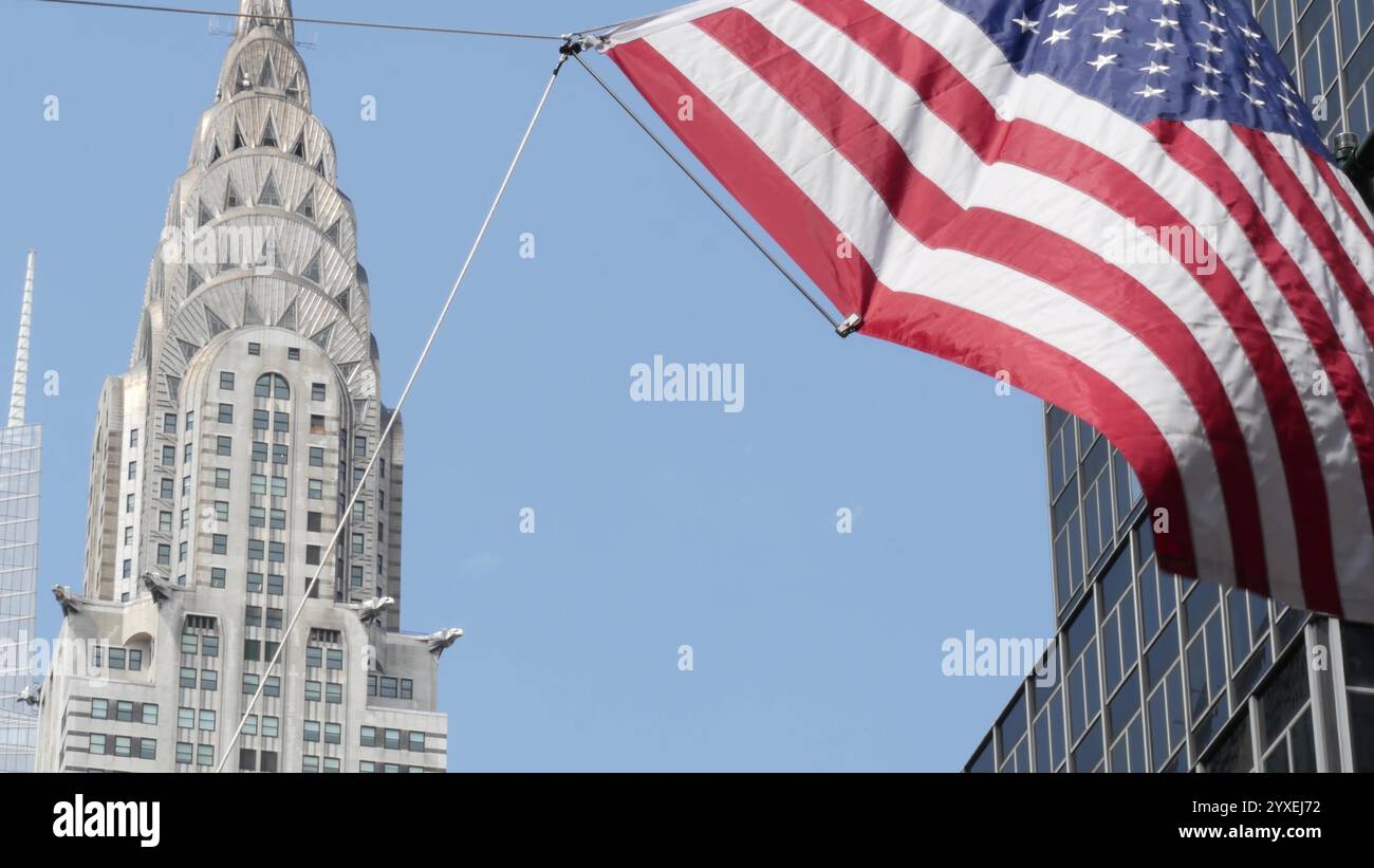 New York, american flag waving. Chrysler building. Manhattan midtown 42 ...